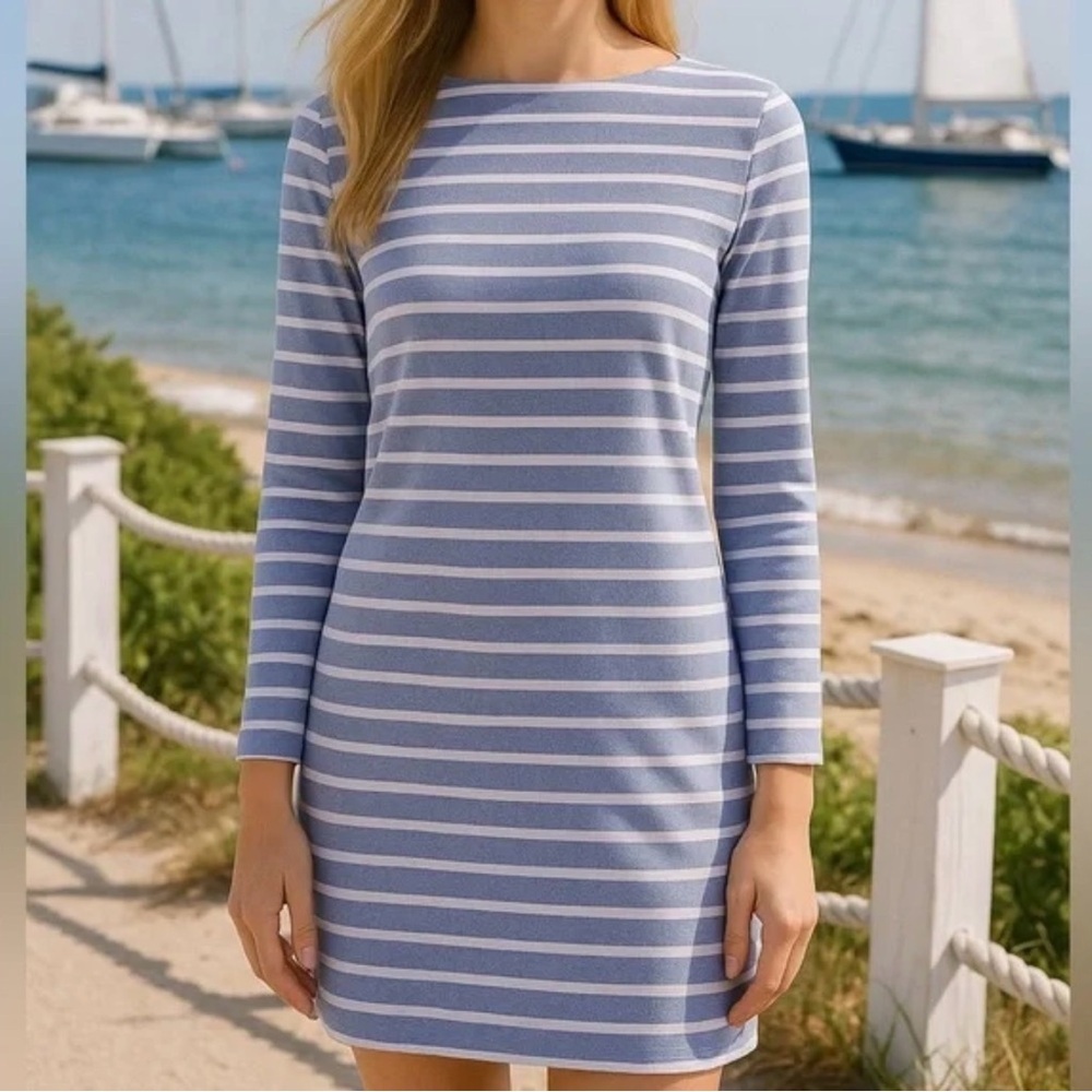 Sail to Sable Navy Rope Textured Knit Striped Long Sleeve Dress